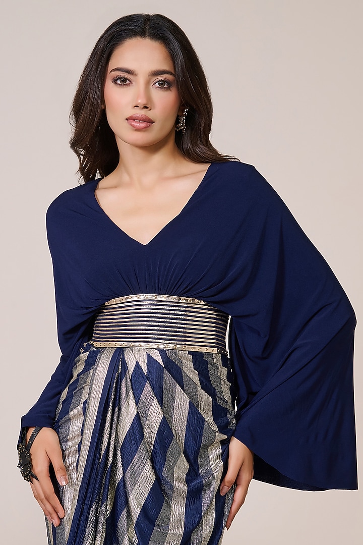 Navy Blue Jersey & Gold Foil Draped Engagement Gown by S&N by Shantnu Nikhil at Pernia's Pop Up Shop