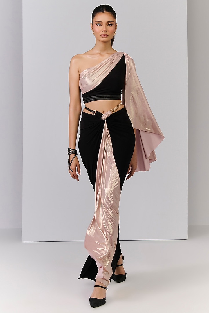 Black Poly Jersey One-Sleeves Draped Crop Top by S&N by Shantnu Nikhil at Pernia's Pop Up Shop