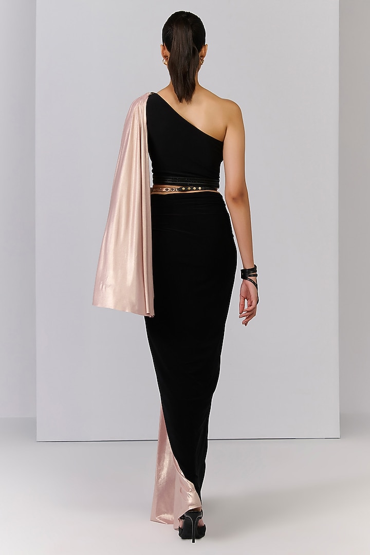 Black Poly Jersey One-Sleeves Draped Crop Top by S&N by Shantnu Nikhil at Pernia's Pop Up Shop