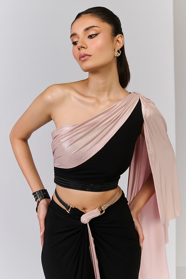 Black Poly Jersey One-Sleeves Draped Crop Top by S&N by Shantnu Nikhil at Pernia's Pop Up Shop