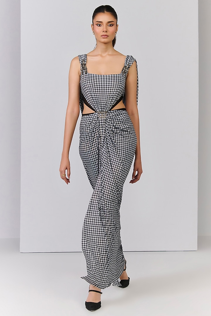 Black Poly Jersey Checkered Printed Draped Engagement Gown by S&N by Shantnu Nikhil at Pernia's Pop Up Shop