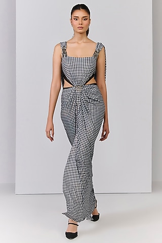 Black Poly Jersey Checkered Printed Draped Gown by S&N by Shantnu Nikhil