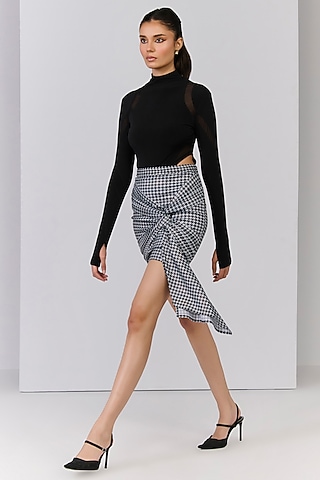 Black Poly Jersey Checkered Mini Draped Skirt by S&N by Shantnu Nikhil