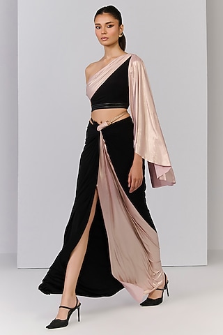 Black Poly Jersey Twisted Draped Skirt by S&N by Shantnu Nikhil