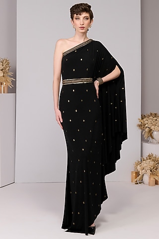 Black Poly Jersey One-Shoulder Draped Gown by S&N by Shantnu Nikhil