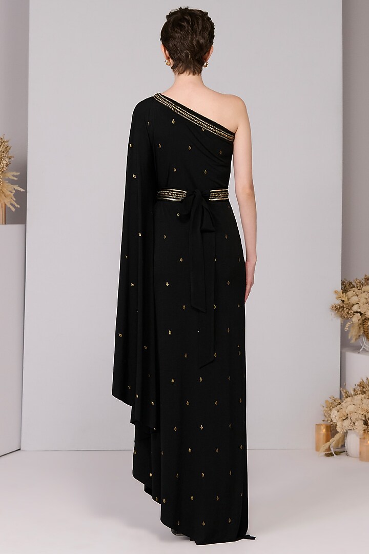 Black Poly Jersey One-Shoulder Draped Engagement Gown by S&N by Shantnu Nikhil at Pernia's Pop Up Shop