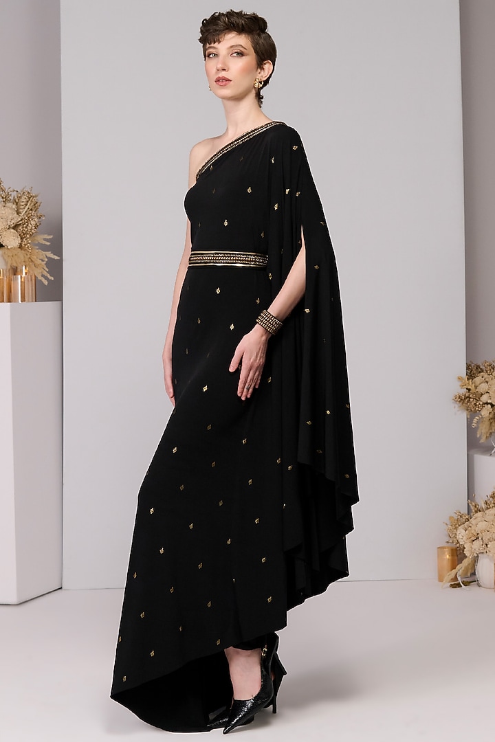 Black Poly Jersey One-Shoulder Draped Engagement Gown by S&N by Shantnu Nikhil at Pernia's Pop Up Shop
