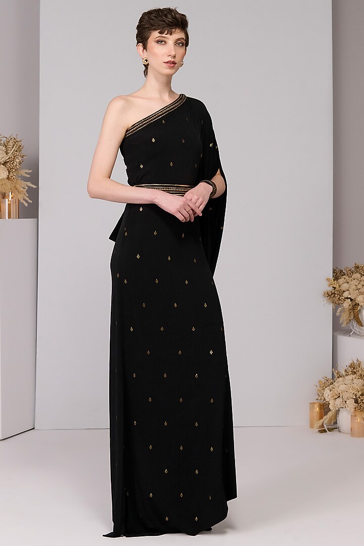 Black Poly Jersey One-Shoulder Draped Engagement Gown by S&N by Shantnu Nikhil at Pernia's Pop Up Shop