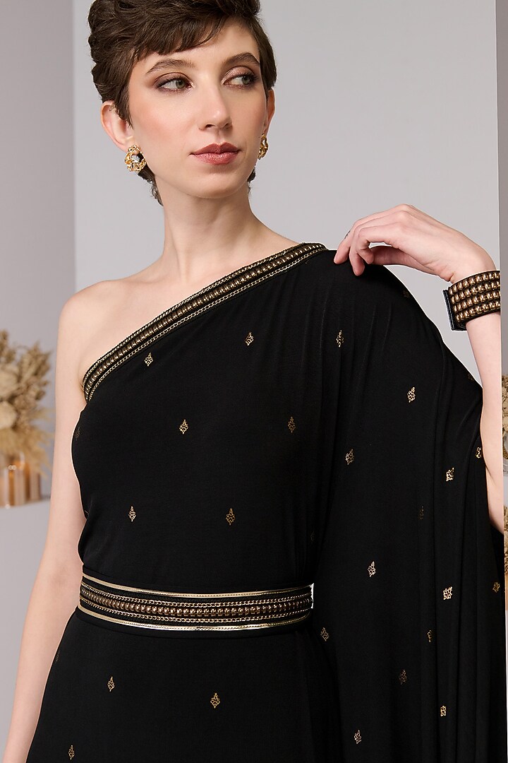 Black Poly Jersey One-Shoulder Draped Engagement Gown by S&N by Shantnu Nikhil at Pernia's Pop Up Shop