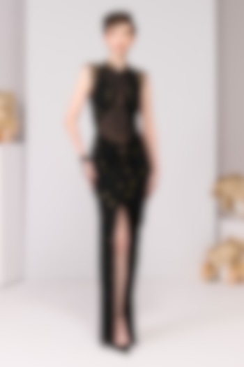 Black Poly Jersey Printed Draped Engagement Gown by S&N by Shantnu Nikhil at Pernia's Pop Up Shop