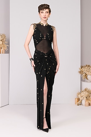 Black Poly Jersey Printed Draped Gown by S&N by Shantnu Nikhil