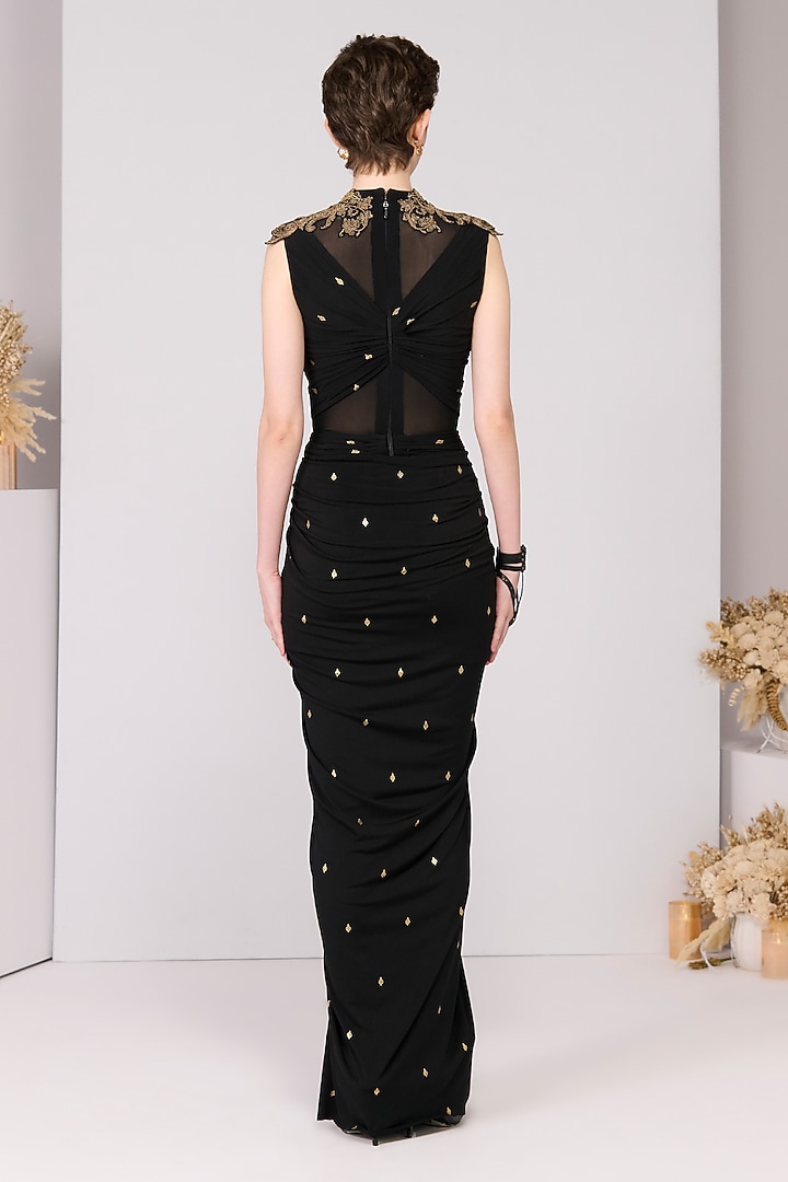 Black Poly Jersey Printed Draped Engagement Gown by S&N by Shantnu Nikhil at Pernia's Pop Up Shop