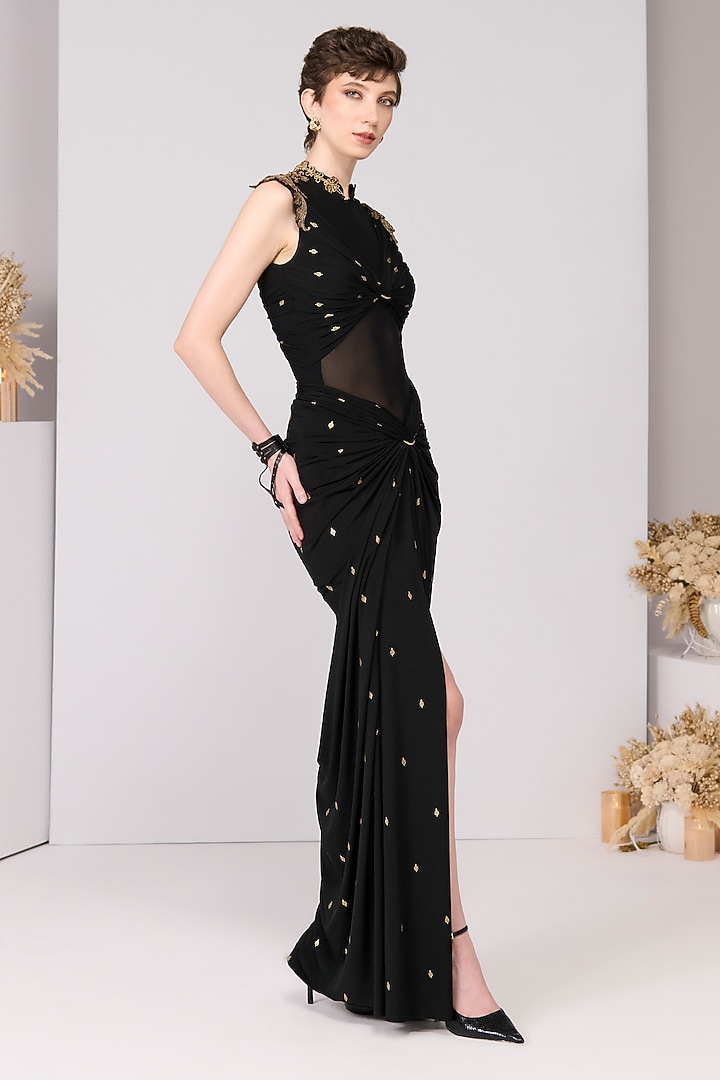 Black Poly Jersey Printed Draped Engagement Gown by S&N by Shantnu Nikhil at Pernia's Pop Up Shop