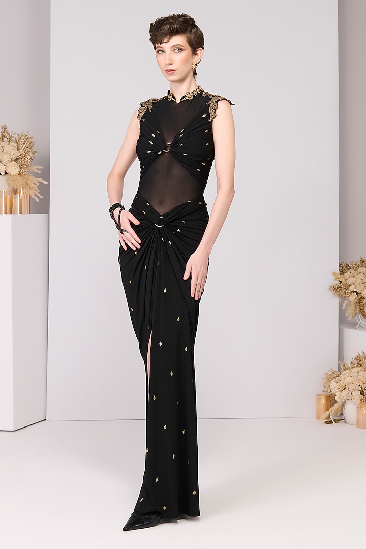 Black Poly Jersey Printed Draped Engagement Gown by S&N by Shantnu Nikhil at Pernia's Pop Up Shop