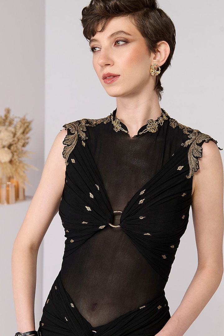Black Poly Jersey Printed Draped Engagement Gown by S&N by Shantnu Nikhil at Pernia's Pop Up Shop