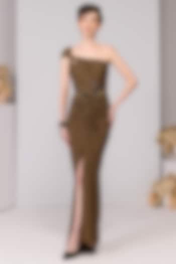 Black Poly Jersey Printed Draped One-Shoulder Engagement Gown by S&N by Shantnu Nikhil at Pernia's Pop Up Shop