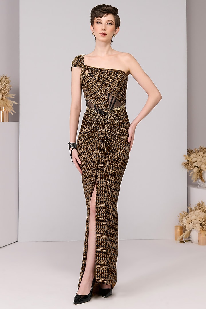 Black Poly Jersey Printed Draped One-Shoulder Engagement Gown by S&N by Shantnu Nikhil at Pernia's Pop Up Shop