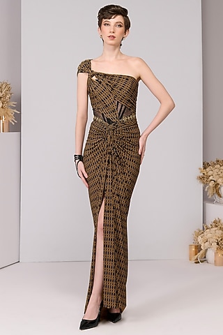 Black Poly Jersey Printed Draped One-Shoulder Gown by S&N by Shantnu Nikhil