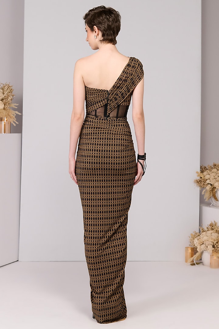 Black Poly Jersey Printed Draped One-Shoulder Engagement Gown by S&N by Shantnu Nikhil at Pernia's Pop Up Shop