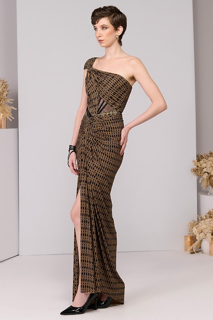 Black Poly Jersey Printed Draped One-Shoulder Engagement Gown by S&N by Shantnu Nikhil at Pernia's Pop Up Shop
