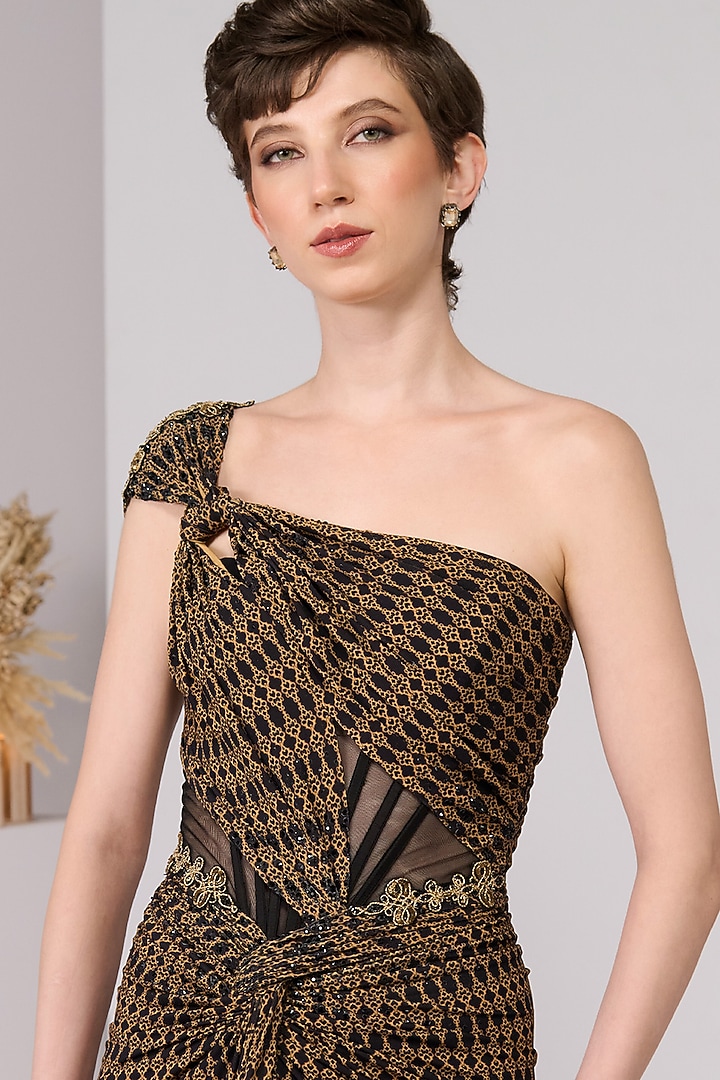 Black Poly Jersey Printed Draped One-Shoulder Engagement Gown by S&N by Shantnu Nikhil at Pernia's Pop Up Shop