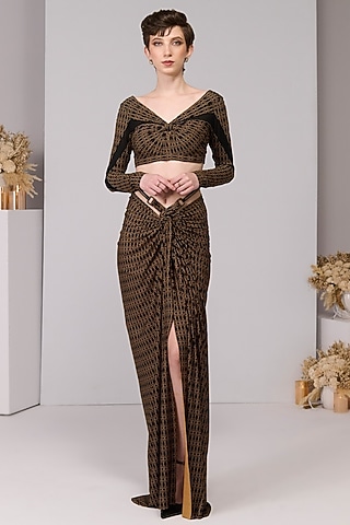 Black & Gold Faux Leather Printed Asymmetric Draped Skirt by S&N by Shantnu Nikhil