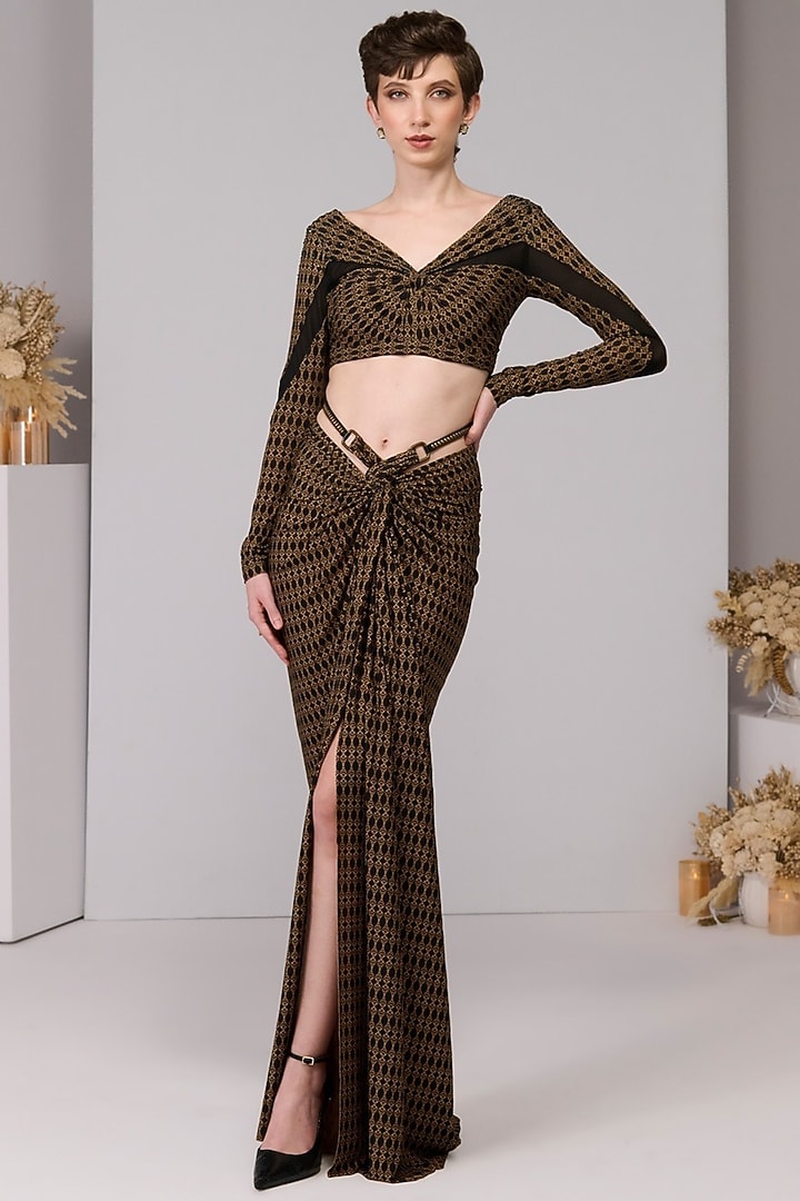 Black & Gold Faux Leather Printed Asymmetric Draped Skirt by S&N by Shantnu Nikhil at Pernia's Pop Up Shop