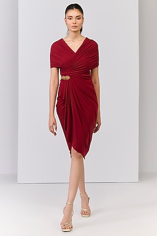 Cherry Red Poly Jersey Embroidered Dress by S&N by Shantnu Nikhil