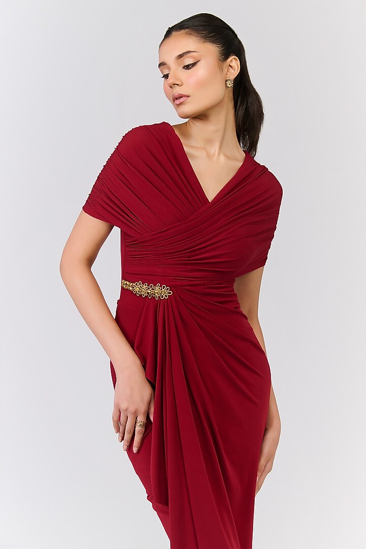 Cherry Red Poly Jersey Embroidered Cocktail Dress by S&N by Shantnu Nikhil at Pernia's Pop Up Shop