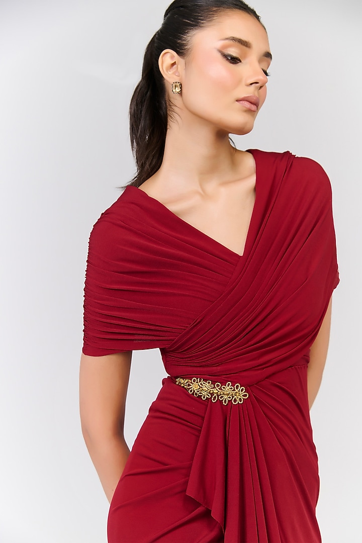 Cherry Red Poly Jersey Embroidered Cocktail Dress by S&N by Shantnu Nikhil at Pernia's Pop Up Shop