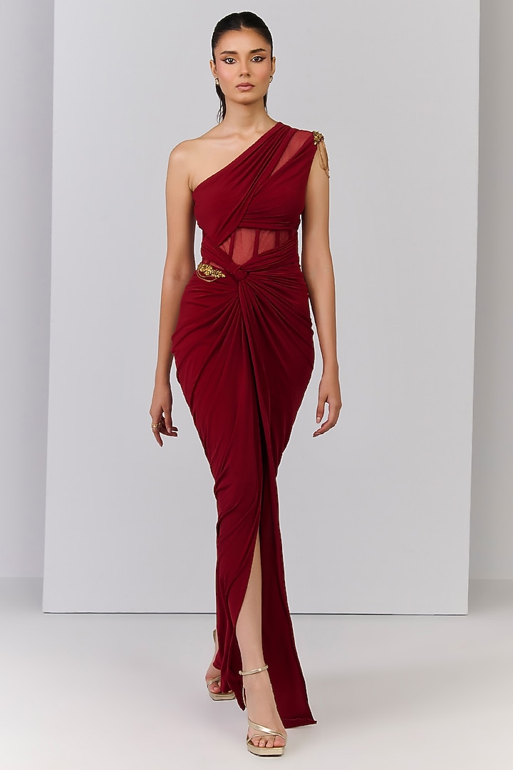 Cherry Red Poly Jersey Draped One-Shoulder Wedding Gown Saree by S&N by Shantnu Nikhil at Pernia's Pop Up Shop