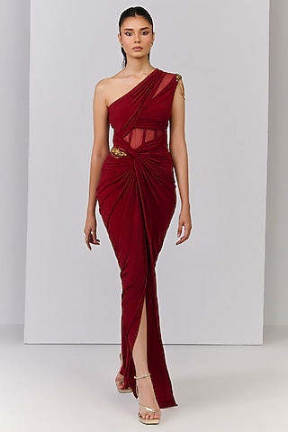 Cherry Red Poly Jersey Draped One-Shoulder Gown Saree by S&N by Shantnu Nikhil