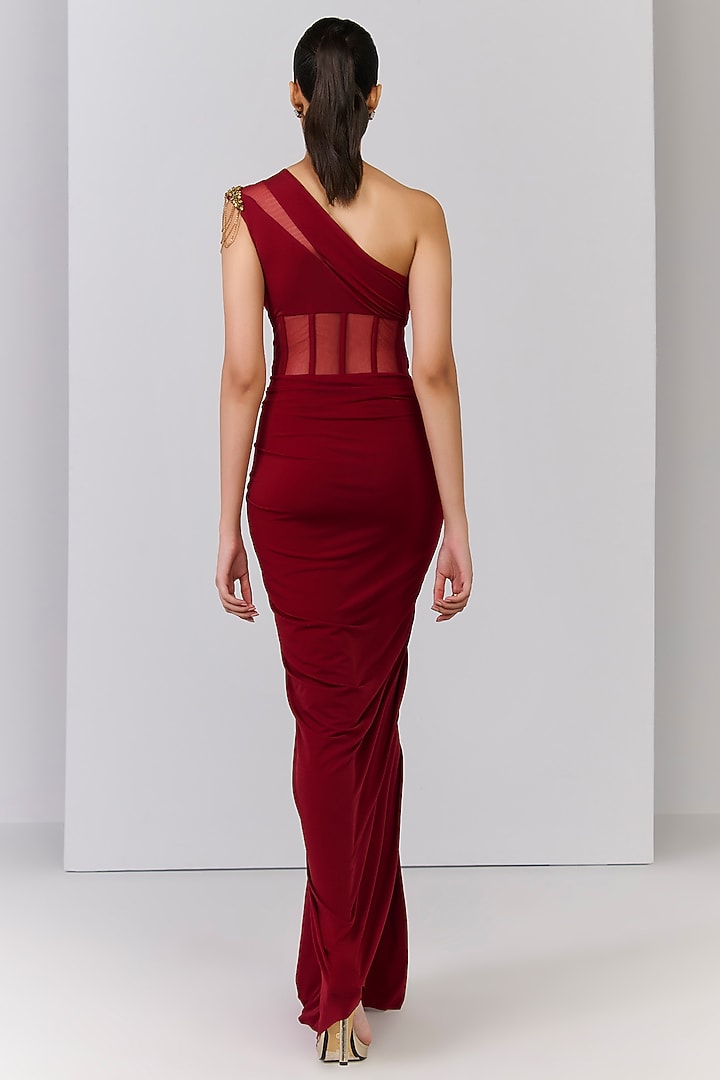 Cherry Red Poly Jersey Draped One-Shoulder Wedding Gown Saree by S&N by Shantnu Nikhil at Pernia's Pop Up Shop