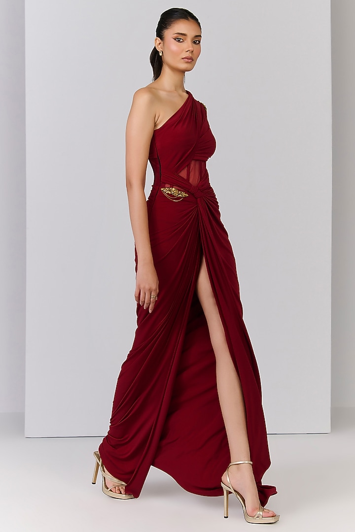 Cherry Red Poly Jersey Draped One-Shoulder Wedding Gown Saree by S&N by Shantnu Nikhil at Pernia's Pop Up Shop