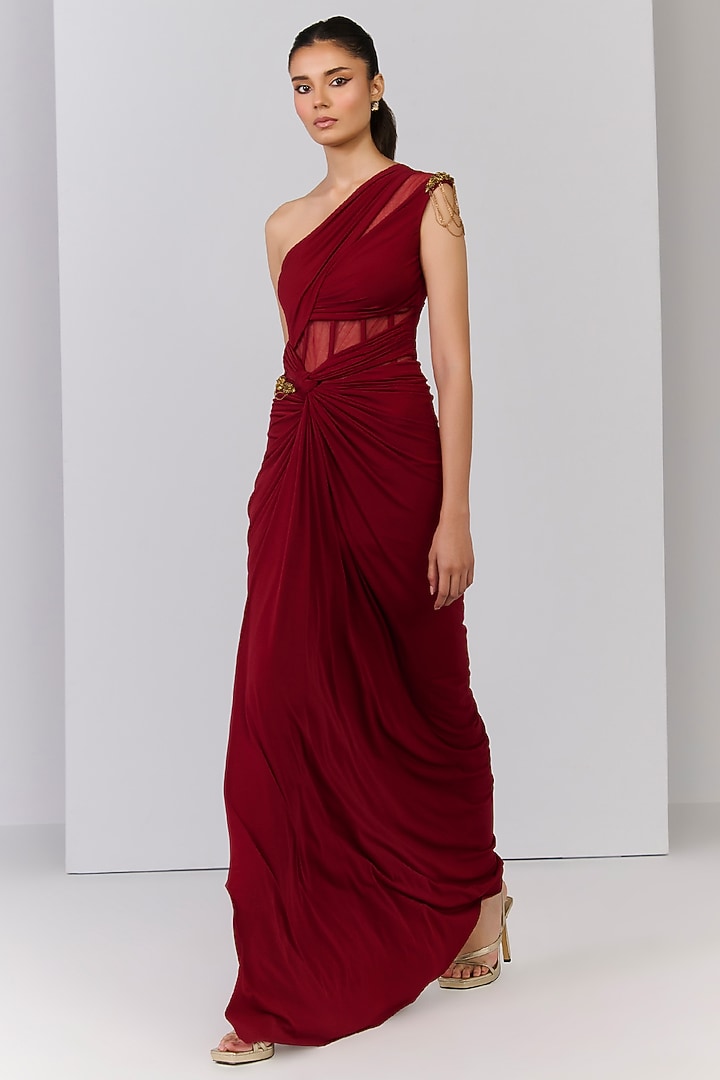 Cherry Red Poly Jersey Draped One-Shoulder Wedding Gown Saree by S&N by Shantnu Nikhil at Pernia's Pop Up Shop