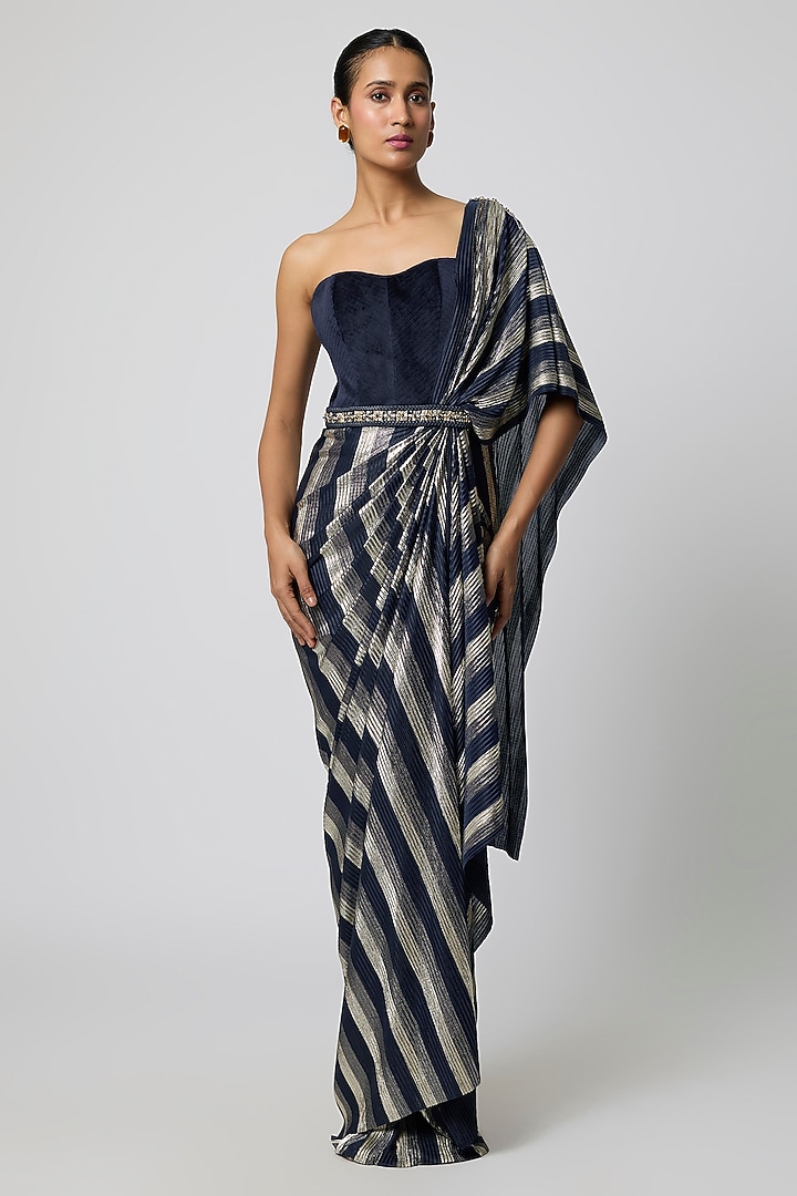 Navy Blue Foil Jersey Draped Engagement Gown by S&N by Shantnu Nikhil at Pernia's Pop Up Shop