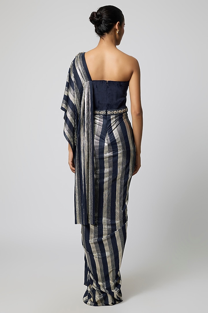 Navy Blue Foil Jersey Draped Engagement Gown by S&N by Shantnu Nikhil at Pernia's Pop Up Shop