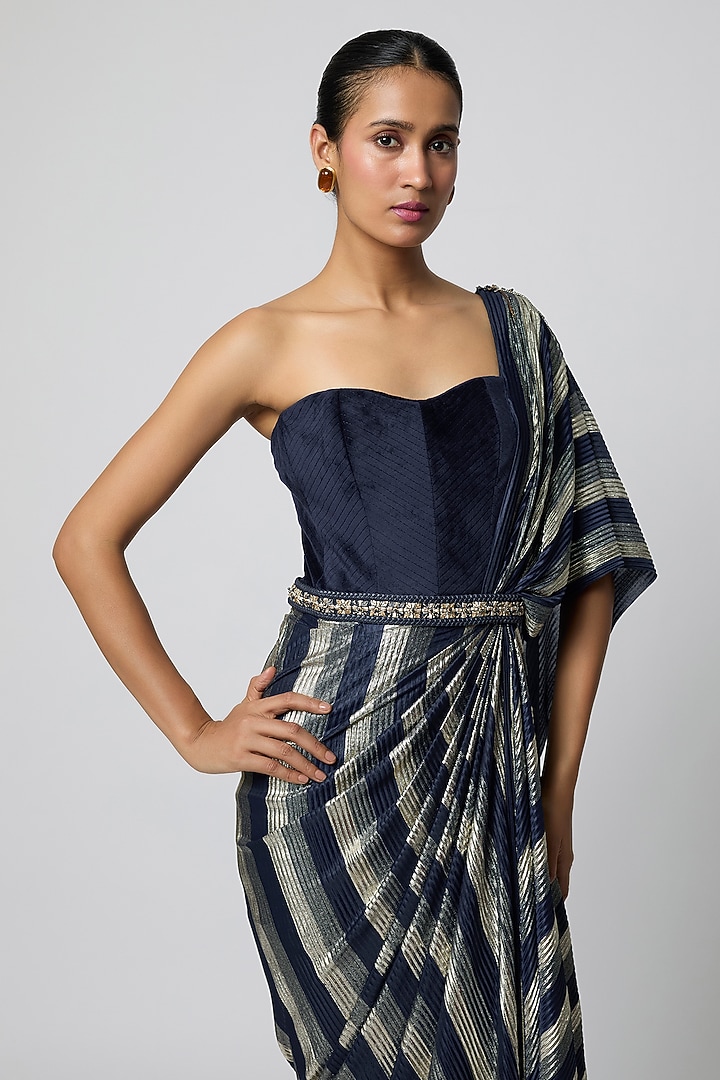Navy Blue Foil Jersey Draped Engagement Gown by S&N by Shantnu Nikhil at Pernia's Pop Up Shop