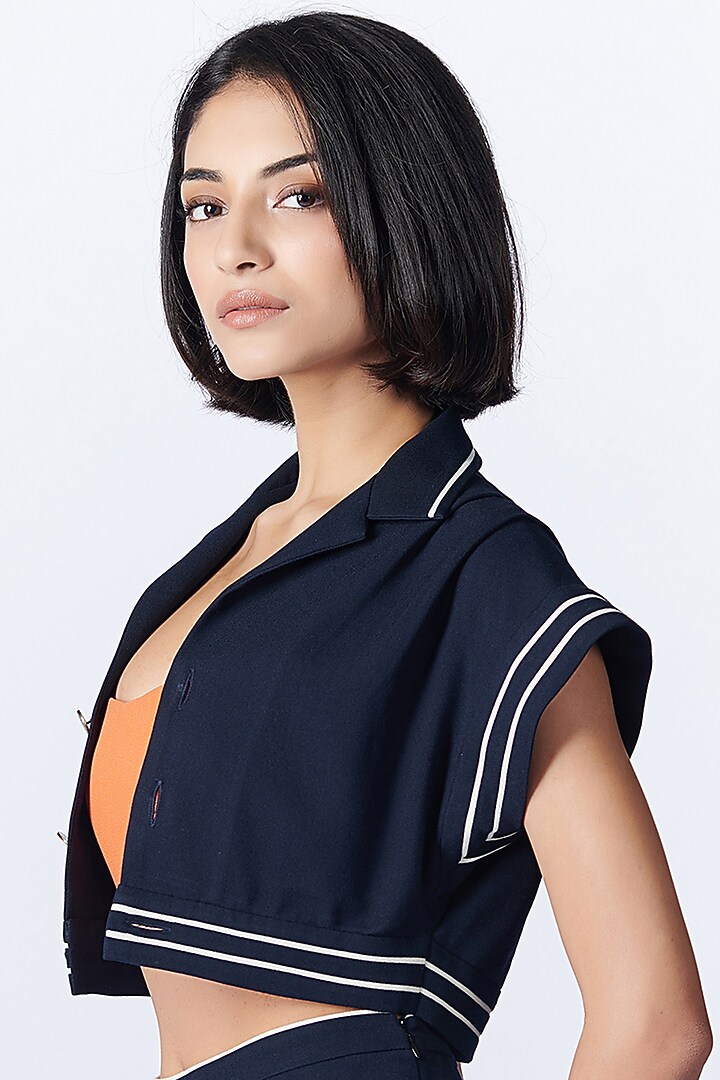 Navy Poly Blend & Lycra Shacket by S&N by Shantnu Nikhil at Pernia's Pop Up Shop