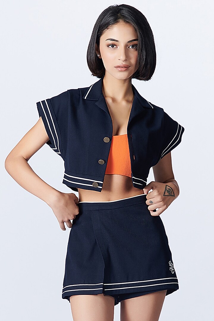 Navy Poly Blend & Lycra Shacket by S&N by Shantnu Nikhil at Pernia's Pop Up Shop