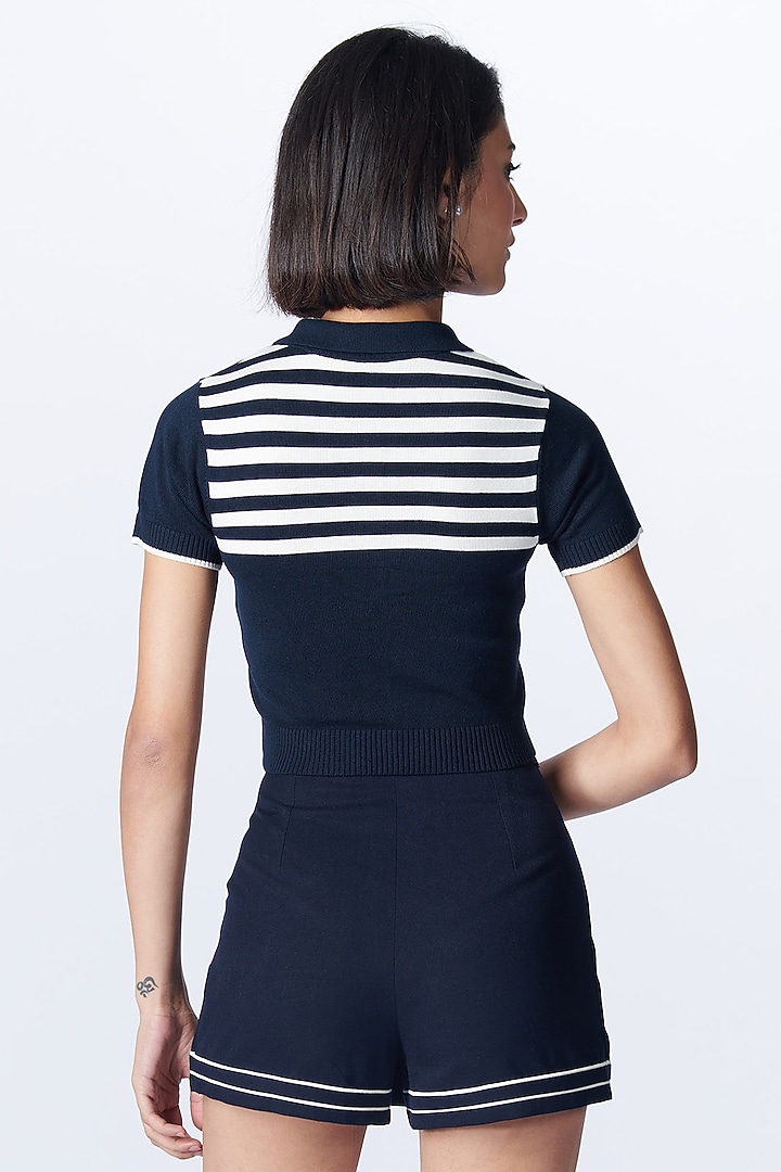 Navy Polo Viscose Nylon Crop T-shirt by S&N by Shantnu Nikhil at Pernia's Pop Up Shop