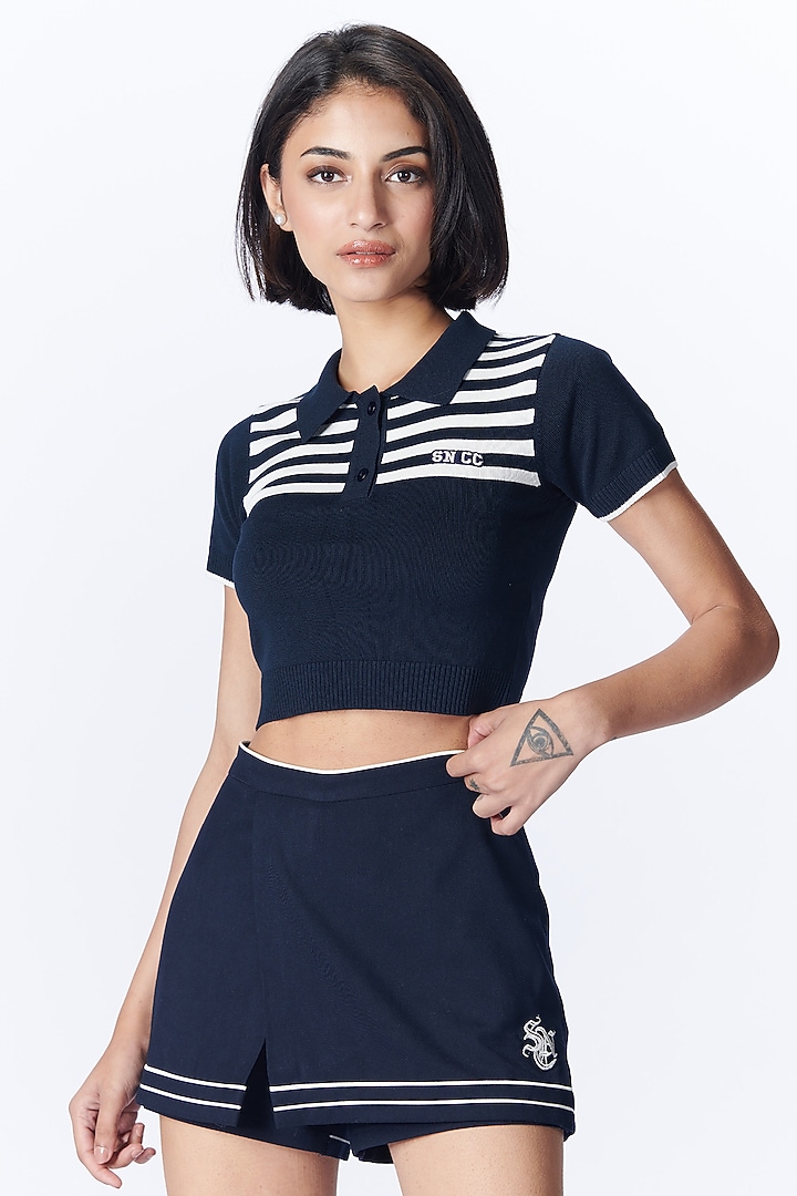 Navy Polo Viscose Nylon Crop T-shirt by S&N by Shantnu Nikhil at Pernia's Pop Up Shop