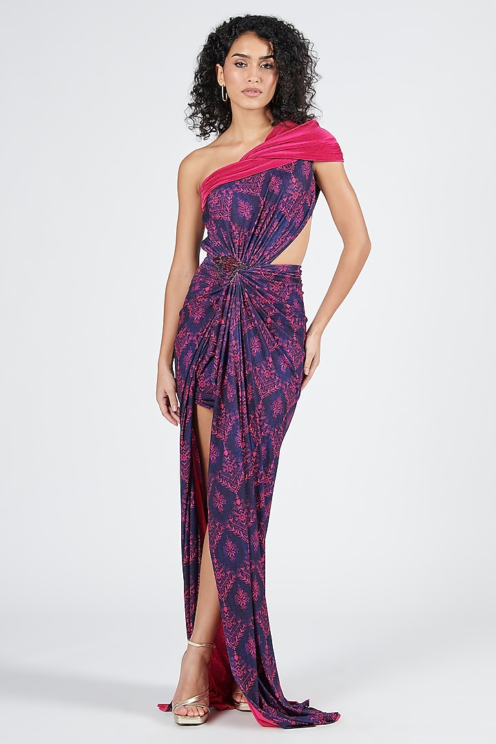 Navy Blue Poly Jersey Printed One-Shoulder Gown Saree by S&N by Shantnu Nikhil