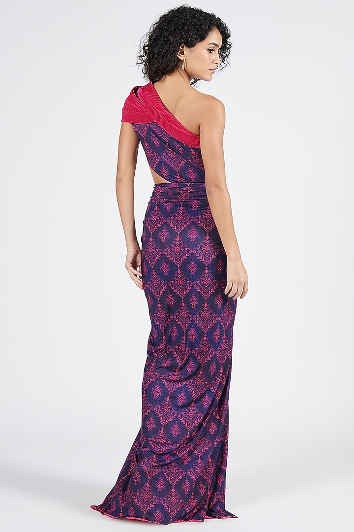 Navy Blue Poly Jersey Printed One-Shoulder Wedding Gown Saree by S&N by Shantnu Nikhil at Pernia's Pop Up Shop