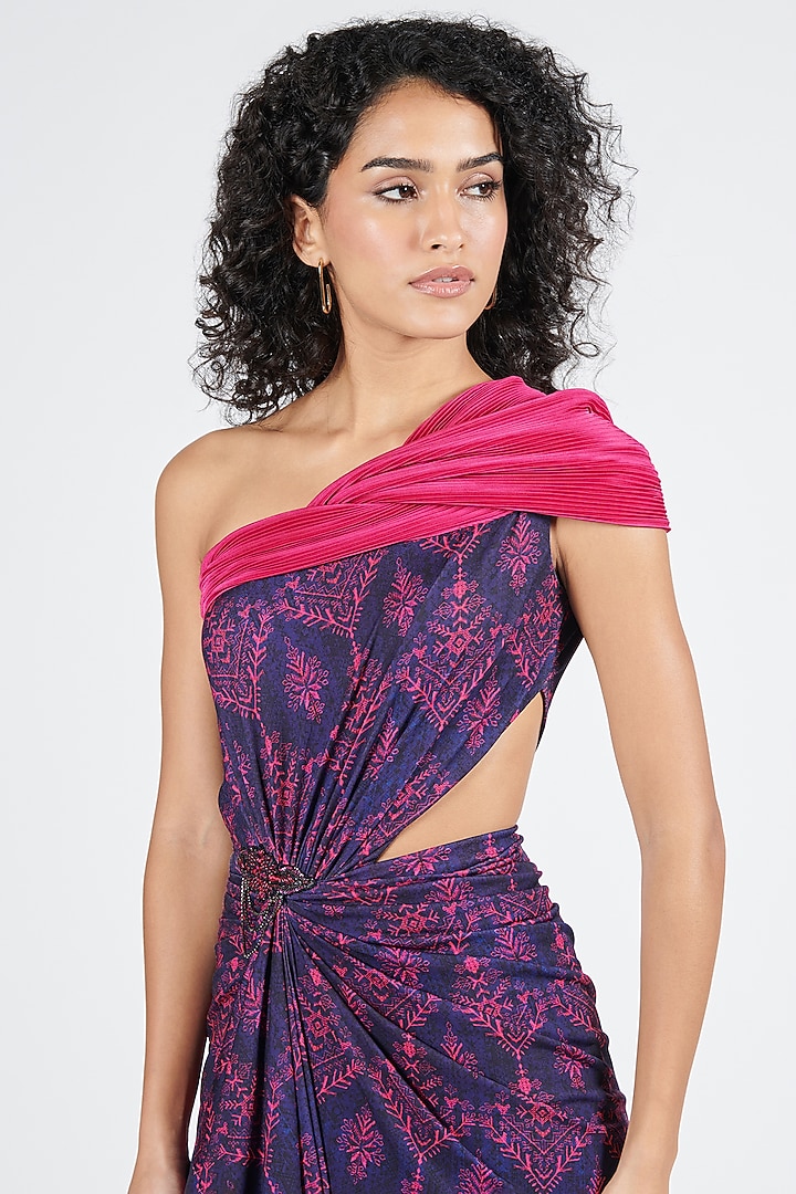 Navy Blue Poly Jersey Printed One-Shoulder Wedding Gown Saree by S&N by Shantnu Nikhil at Pernia's Pop Up Shop