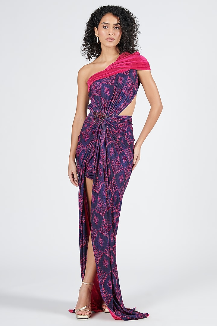 Navy Blue Poly Jersey Printed One-Shoulder Wedding Gown Saree by S&N by Shantnu Nikhil at Pernia's Pop Up Shop