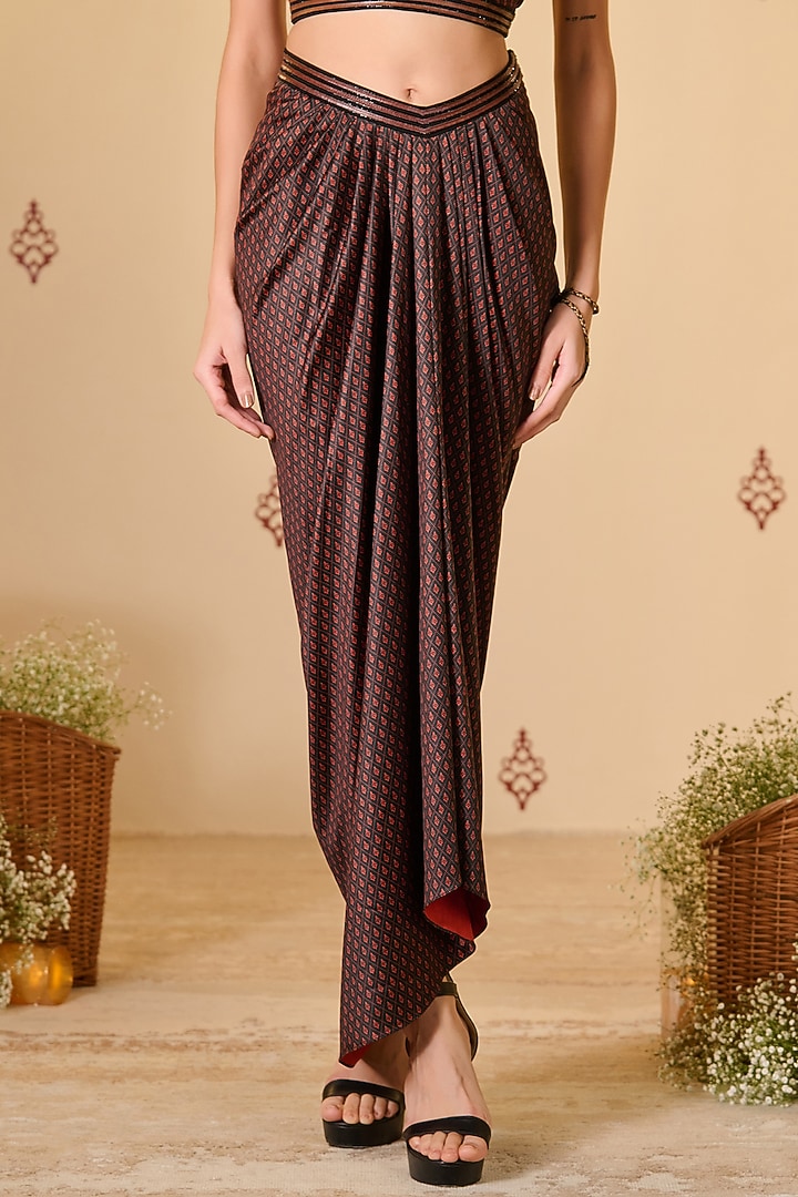 Rust Silk & Twill Structure Printed Draped Skirt by S&N by Shantnu Nikhil at Pernia's Pop Up Shop