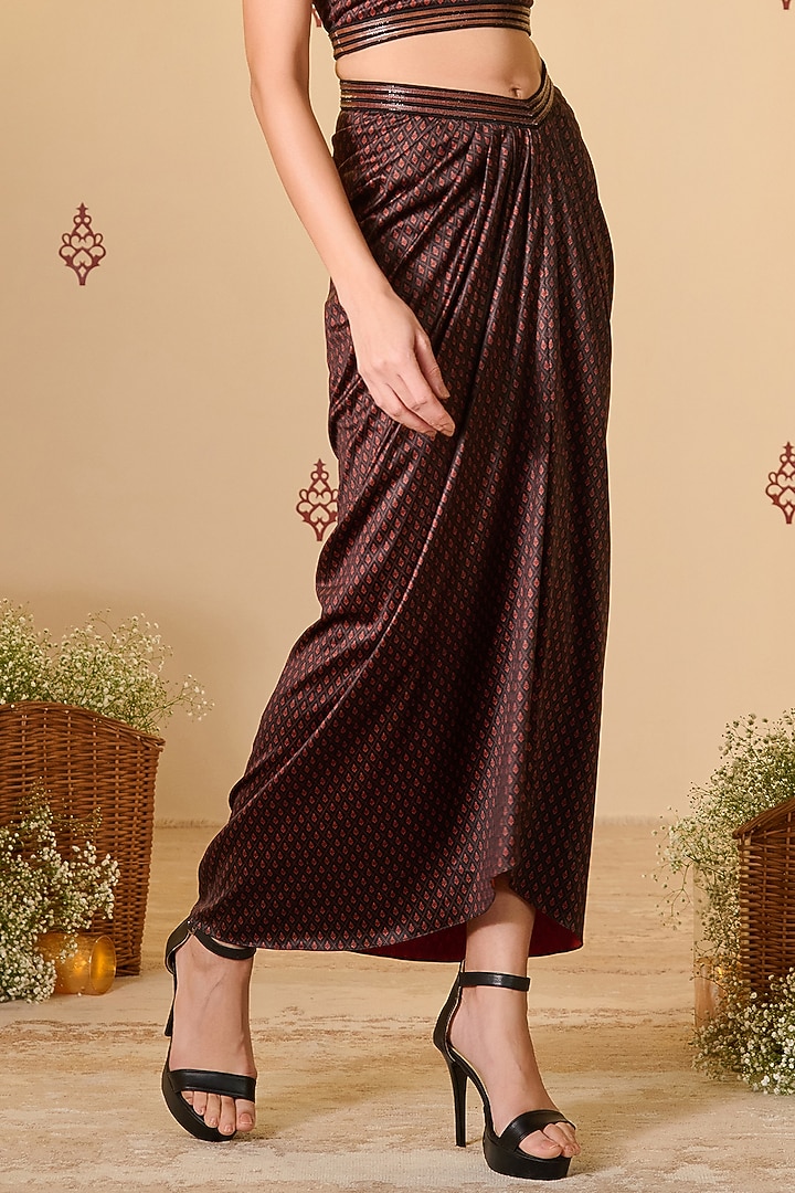 Rust Silk & Twill Structure Printed Draped Skirt by S&N by Shantnu Nikhil at Pernia's Pop Up Shop