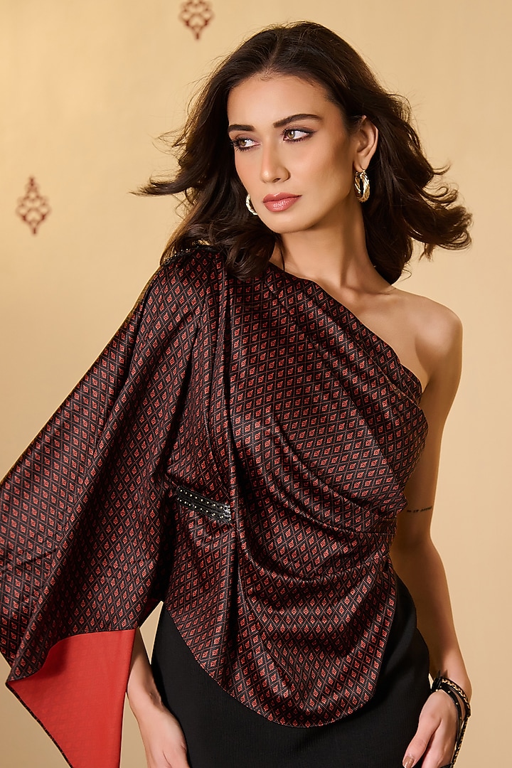 Black & Rust Silk Printed One-Shoulder Top by S&N by Shantnu Nikhil at Pernia's Pop Up Shop