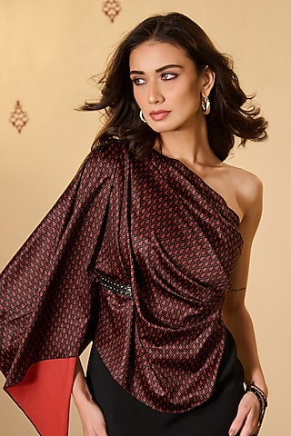 Black & Rust Silk Printed One-Shoulder Top by S&N by Shantnu Nikhil